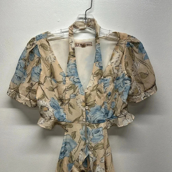For Love And Lemons Cadence Romper Short Sleeve Floral Flower Cream Blue Size XS - Picture 3 of 10
